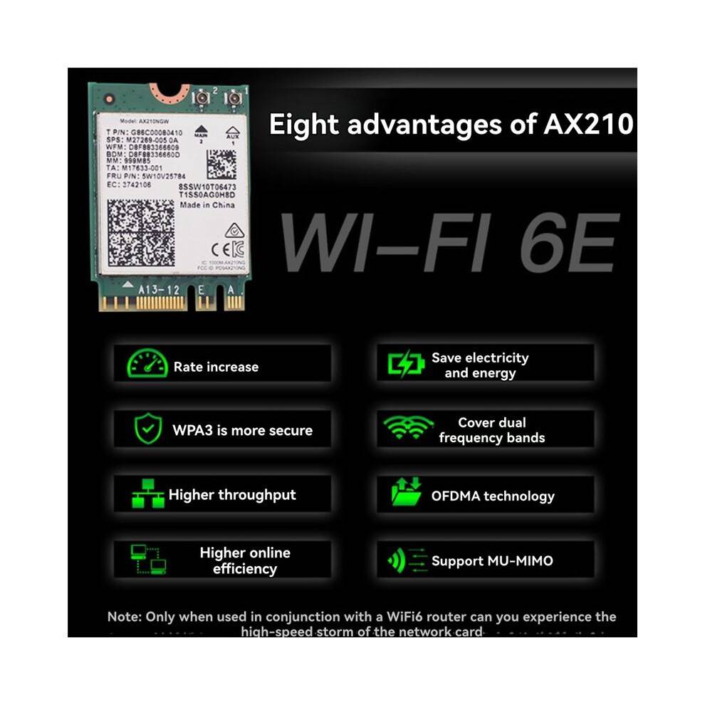 AX210NGW WiFi 6E Card+Antenna 2.4G/5G/6Ghz Tri-Band 5.3 WiFi Adapter 5374Mbps Laptop Wireless Network Card
