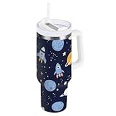 OWFKAY 40 oz isolerad kaffedrickare med lock sugrör vattenflaska rostfritt stål tumlare män kvinnor raket planet mönster