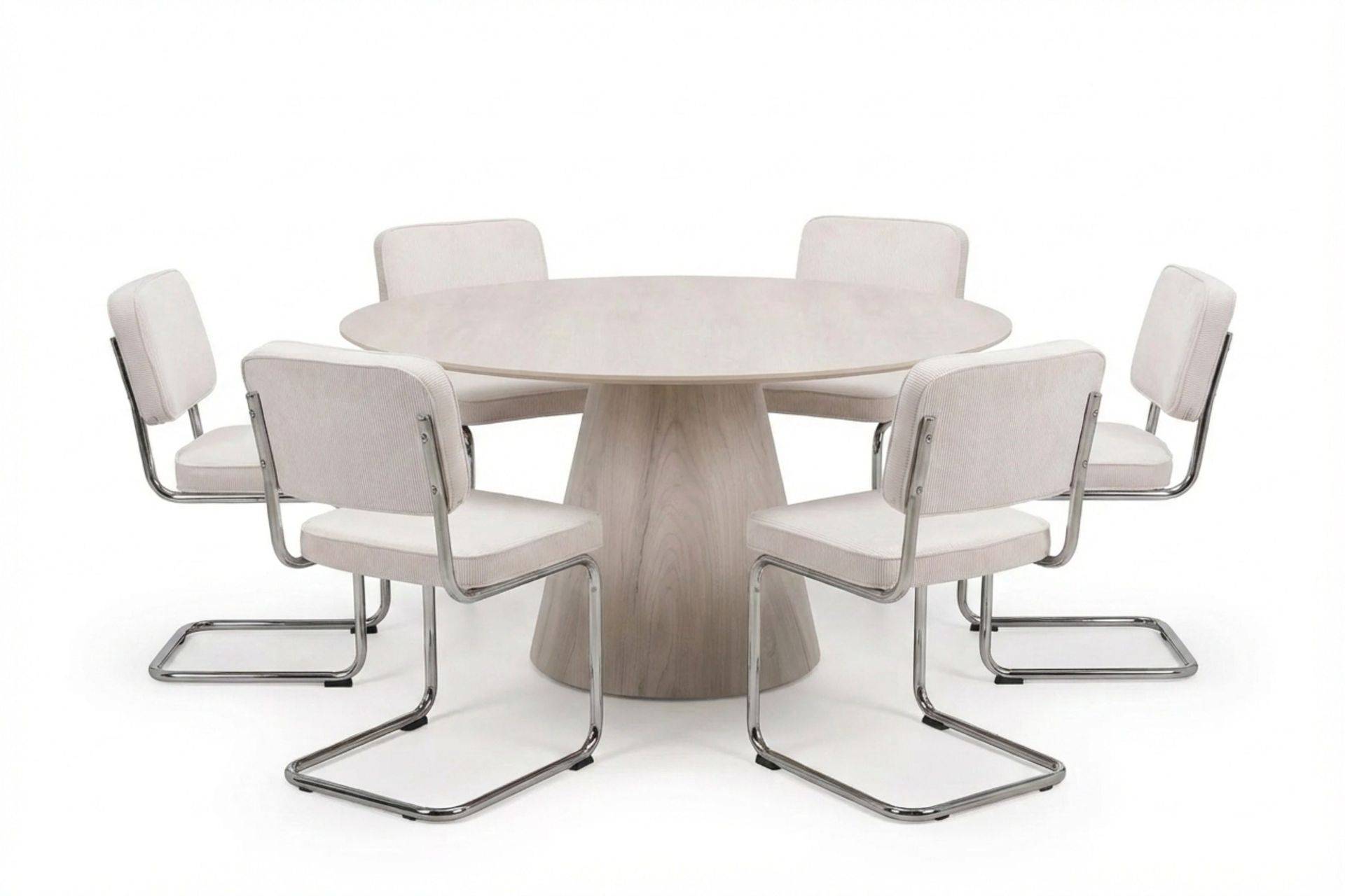 Bark Siena Matgrupp runt 150 cm Vitlaserad med 6 Milva Matstolar - Vitlaserad/Beige/krom Matgrupper Vit Träfanér