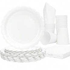10 st vita papperstallrikar, koppar och servetter. Vita festtillbehör inkluderar vita vågiga tallrikar, pappersservettkoppar och porslin för babeshowe - Vitt (Multi-size)