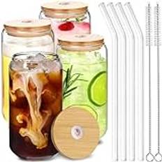 HAOYULUO Uppsättning om 4 glas med lock och sugrör, 500 ml dricksglas med lock, konservformade glaskoppar, lämplig för iskaffekoppar, lemonader, smoothies, öl, cocktails