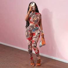 New Spring And Summer Street Music Festival Sexy Small Stand-Up Collar Short-Sleeved Slim Trousers See-Through Full-Frame Dragon Pattern Printed Mesh - Multicolor - 0XL,1XL,2XL,3XL