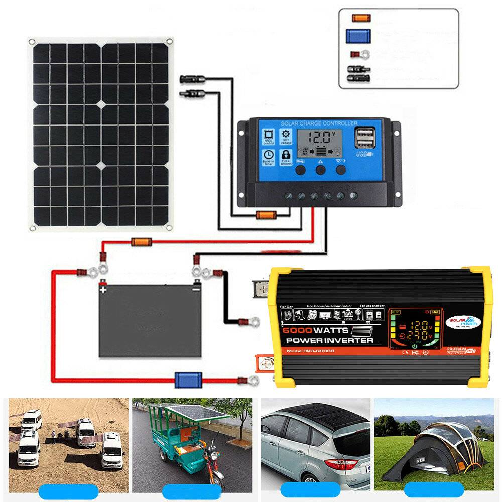 6000W DC 12V till AC 110V/220V intelligent skärmsolcellsinverter 18V 18W solpanel 30A 12V/24V solomvandlare kit