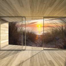 Fototapet - Trægulv og vægge med panorama-solnedgang over sandklitter - Vinyl 265g / 368x280