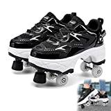 AMMFIT Rullskridskor med broms, gå deformationsskor med dubbelknäppta hjul för barn och vuxna, teknisk skateboardsko med deformerade hjul, svart-38