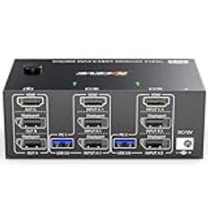 KVM-switch 3 bildskärmar 2 datorer 8K @ 60Hz 4K @ 144 Hz, HDMI + 2 Displayport Triple Monitor KVM-switch för 2 delade datorer, 3 bildskärmar och 4 USB3.0-portar, trådbunden fjärrkontroll och 5 kablar