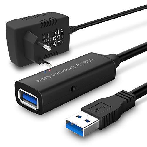 RSHTECH USB 3.0 förlängningskabel med 5 V2 A strömförsörjning aktiv USB 10 m förlängningskabel Super Speed kabel A till hona A med signalförstärkare 5 Gbit/s repeater svart