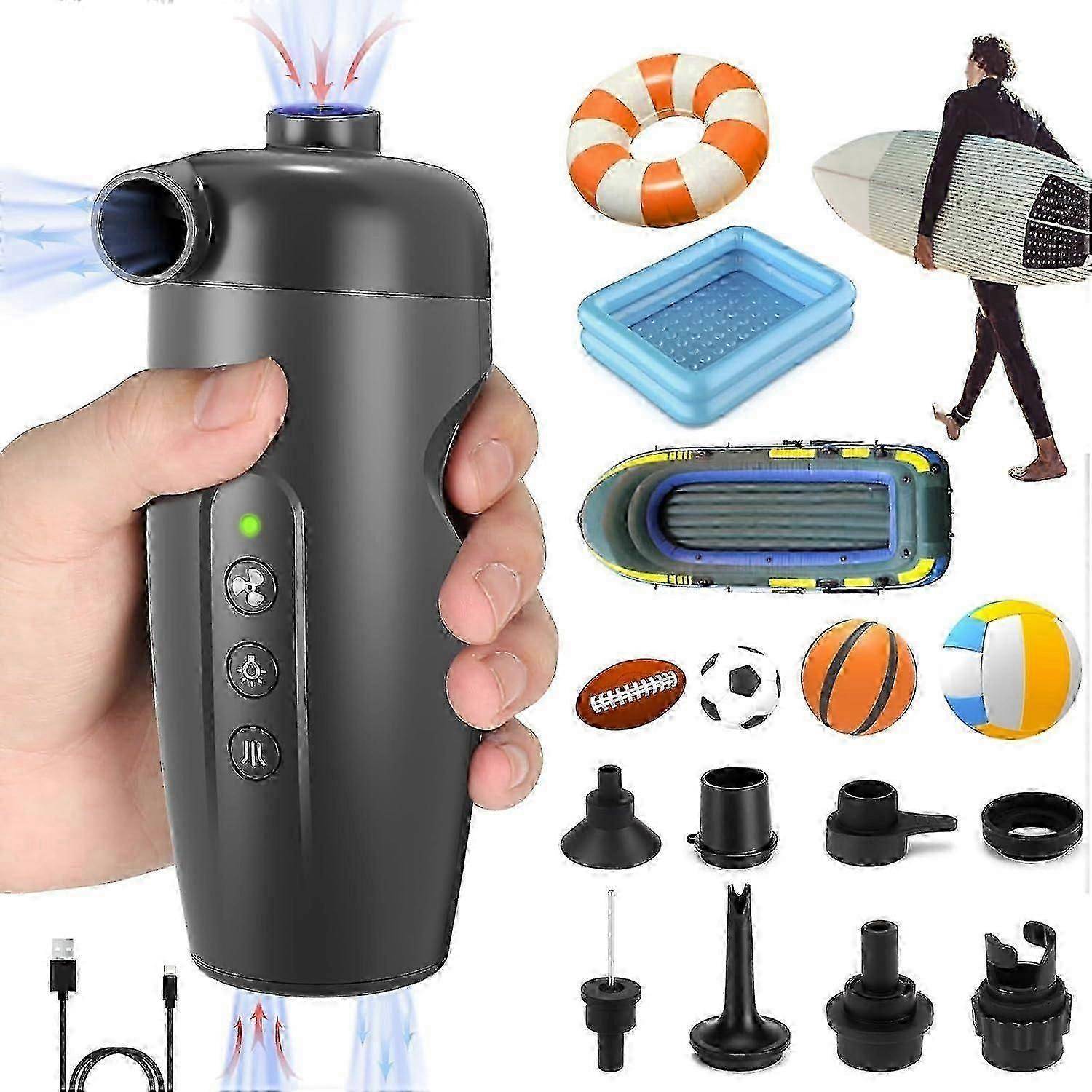 Elektrisk luftpump 20 PSI med 7 munstycken & adaptrar, 2-i-1 snabbpumpare/deflator för uppblåsbara båtar, kajaker, poolleksaker och leksaker