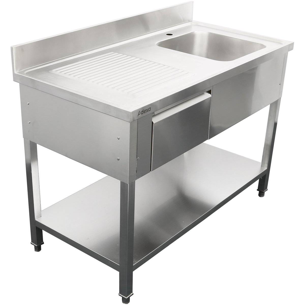 Rostfri Diskbänk med Draglåda 1 ho till höger Underhylla Stänkskydd 1400x600x900mm | Adexa DSA140601DR