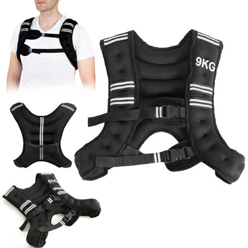 KOMFOTTEU Vikt väst 5/9/15 kg, neopren viktträning, löpväst med reflekterande remsor och justerbara remmar, svart (9 kg)
