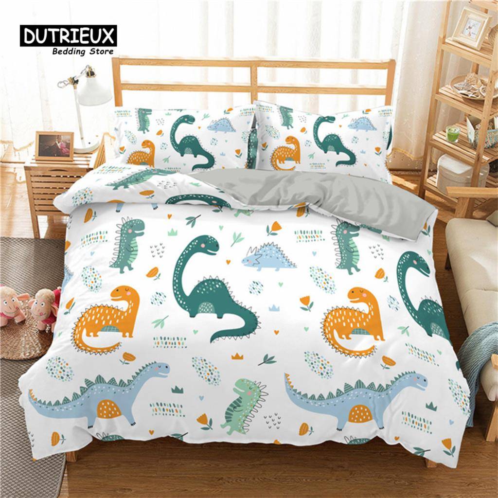 Tecknad Dinosaurie Småbarnssängkläder Set Tecknade Djur Påslakan Mikrofiber Quiltöverdrag Med Örngott För Barn Pojkar Flicka Tonåring 140x200cm 3pcs