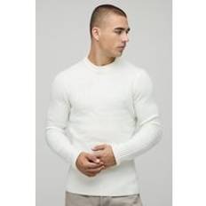 Mens Ecru Muscle Fit Ribbed Knitted Jumper