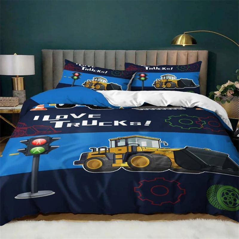 Grävmaskin Traktor Lastbil för Barn Pojkar Flickor Sovrumsinredning Byggfordon Tecknad Påslakan Kran Täcke 173x218cm 2pcs