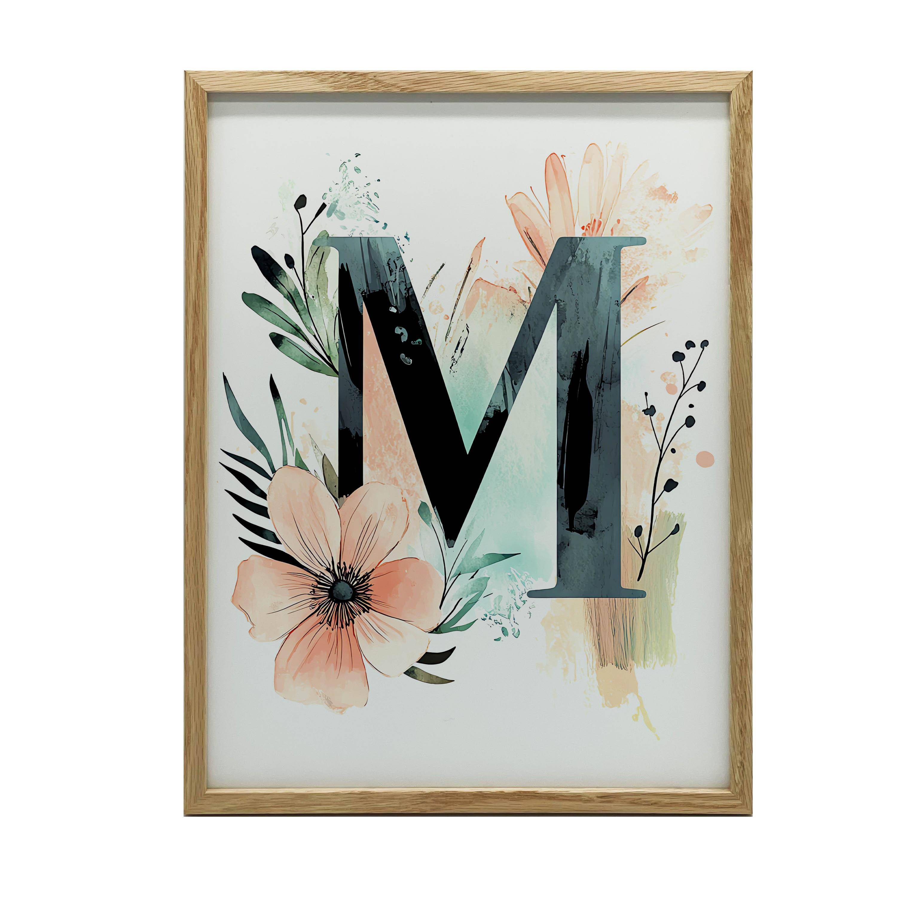 Poster Bokstaven M I Färgglada Blommor Och Blad Poster Bokstaven M I Färgglada Blommor Och Blad, 30X40 Cm, Aluminiumram Guld, Matt Papper 36