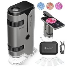 Mini Pocket Microscope 100x-250x för Barn Vuxna, Bärbart Mikroskop med 5 Mikroskopblad, Telefonadapter, Bärbart Miniskop för Barn Vuxna, Vetenskaplig Utbildning, Grå