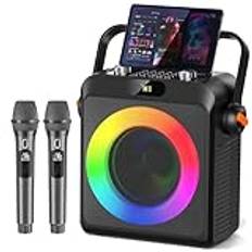 JYX Karaoke Maskin med 2 Mikrofoner, Bärbar Bluetooth Högtalare med RGB-Ljus, Karaoke System för Karaoke, Hemmafest, PA-System för Vuxenfest, Stöder TF/USB, AUX, Inspelning