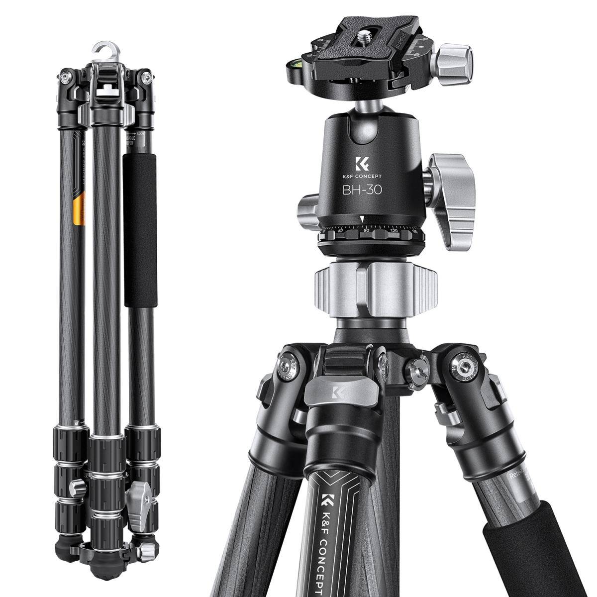 KENTFAITH Professional Camera Tripod Carbon Fiber Tripod 68''/1.7m Capacity 12KG/26.2lbs with 30mm Metal Ball Head Load X254C4+BH-30