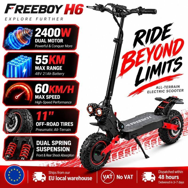 FREEBOY H6 Electric Scooter for Adults, 2400W Dual Motor, 48V 21Ah Battery, 11  Off-Road Tires, 34-Mile Range