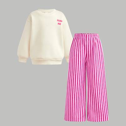 2-delat set för ung flicka med stickad enfärgad avslappnad t-shirt med bokstavsmönster och rund hals, samt randiga lösa långbyxor - Multifärgad (6Y,7Y,8Y,4Y,5Y)