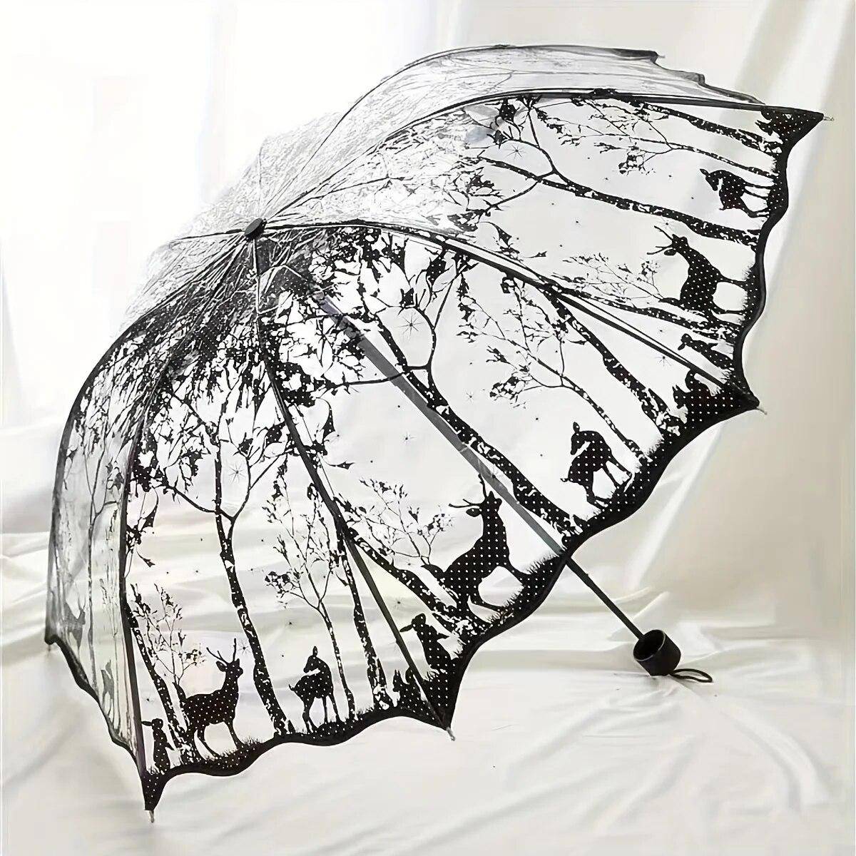 New Wave Edge Retro Transparent Paraply PVC Trevikbart Bågformad Fjäril Ros Paraply white