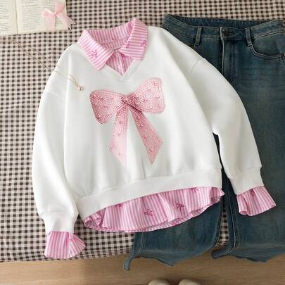 Sweatshirt för tween-flicka, college söt preppy skolstil, 2 i 1 med skjortkrage, nummer- och bokstavstryck, vit och rosa, lös passform, höst - Multifärgad (8Y,9Y,10Y,11Y,12Y,13Y)