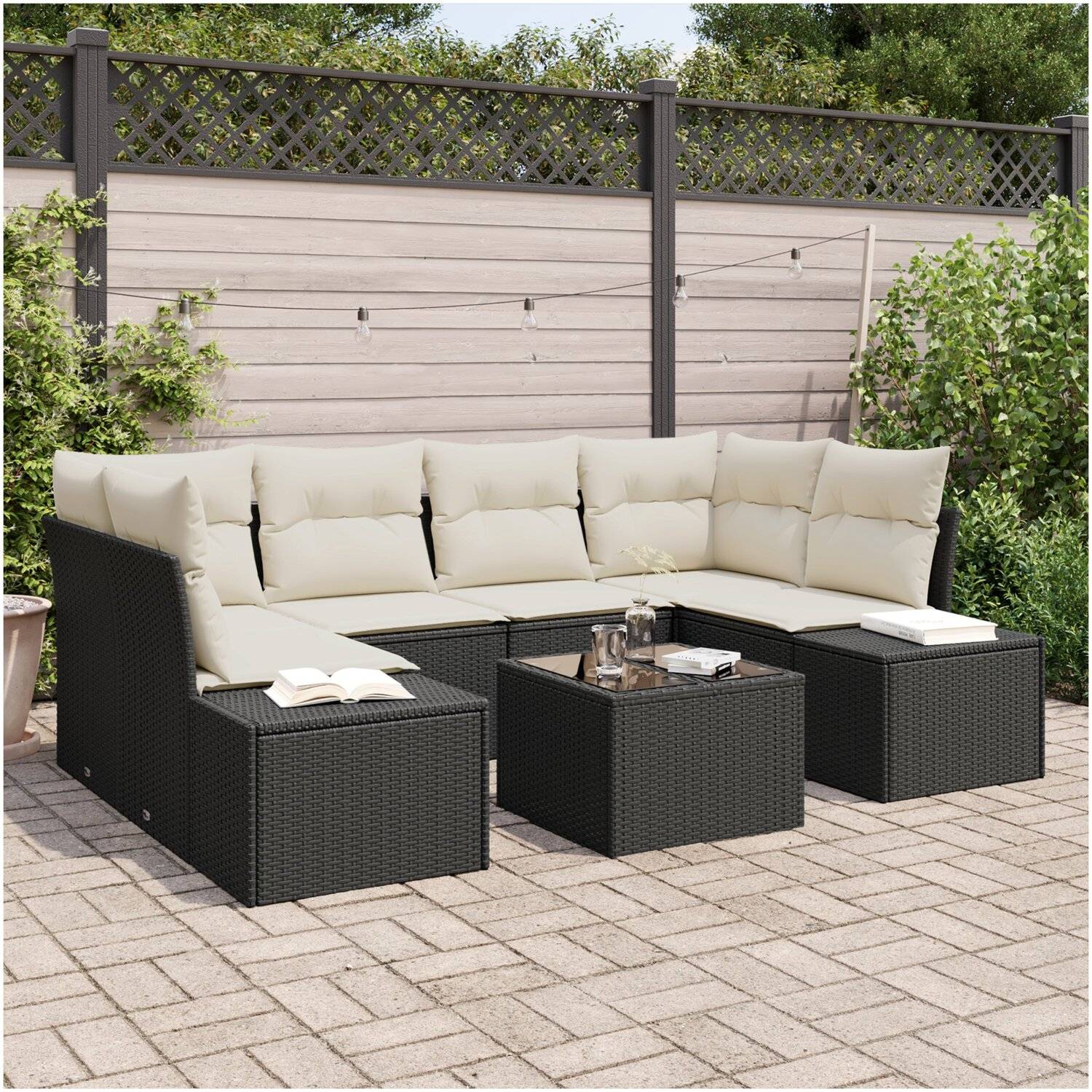 Trädgårdsmöbelset vidaxl - 7 delat trädgårdsoffaset med kuddar svart konstrotting 55 x 37 cm syntetisk - Svart