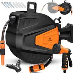 KESSER® slangvinda vatten 30 + 2 m slangvinda inkl. 2-vägs fördelare multihanddusch automatisk vattenslangvinda | 180° vridbar | väggfäste | trädgårdsslang | orange