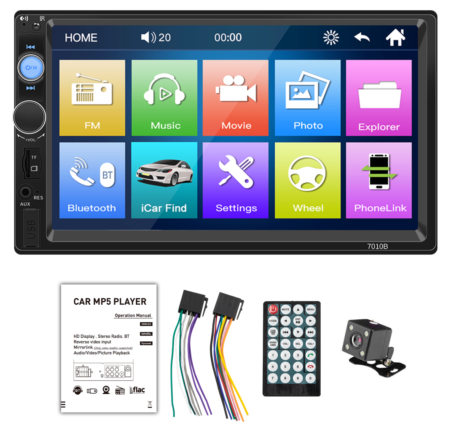 Autoradio med bluetooth & AUX - CarvillZ 7010B 2DIN 7'' skærm - Bakkamera medfølger