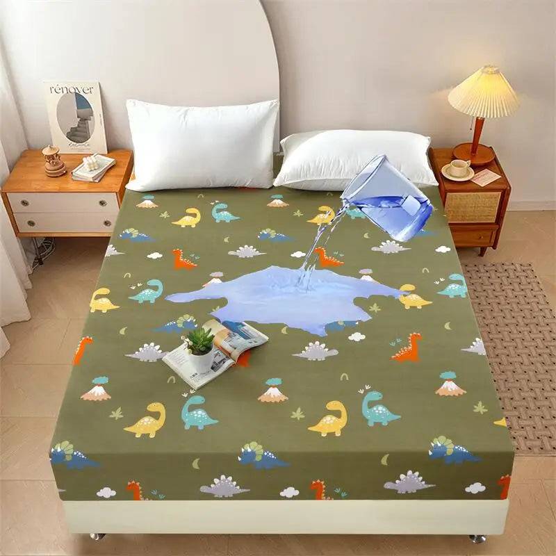 Kuup-Polyester 360° waterproof Cartoon Fitted Sheet Only(no pillowcase) Elastic Band Around Mattress Cover King Size Bed Cover - W1s zhu luo ji lv / King 198x203cm