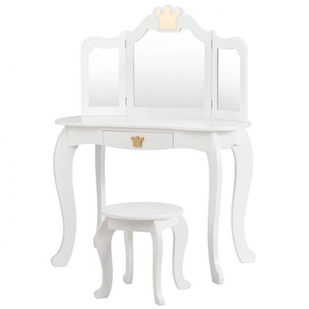Barnens sminkbord, trippelfällbar spegel, låda, pall