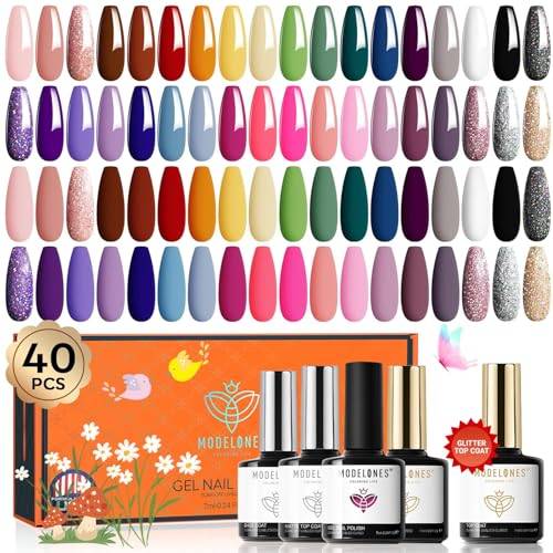 modelones UV Bagellackset 40 Delar, 36 Färger Rött Glitter Rosa Vitt Svart Gelpolish, Nagellack som Suger av, Gelpolish för Nagelstudio Desig Base & Matt & Glitter & Top Coat LED Nail Art