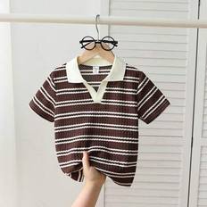 1 st. kortärmad pikétröja i våffelrandig jacquard i casual, collegestil för pojkar - Kaffebrun (6Y,7Y,4Y,5Y)