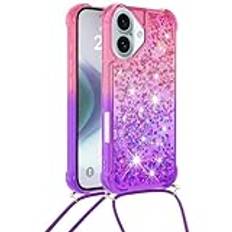 kompatibel med iPhone 16 Glitter Shockproof Case with Adjustable Lanyard, Gradient Quicksand Bling Liquid TPU Cover, PINK&P&LANYARD