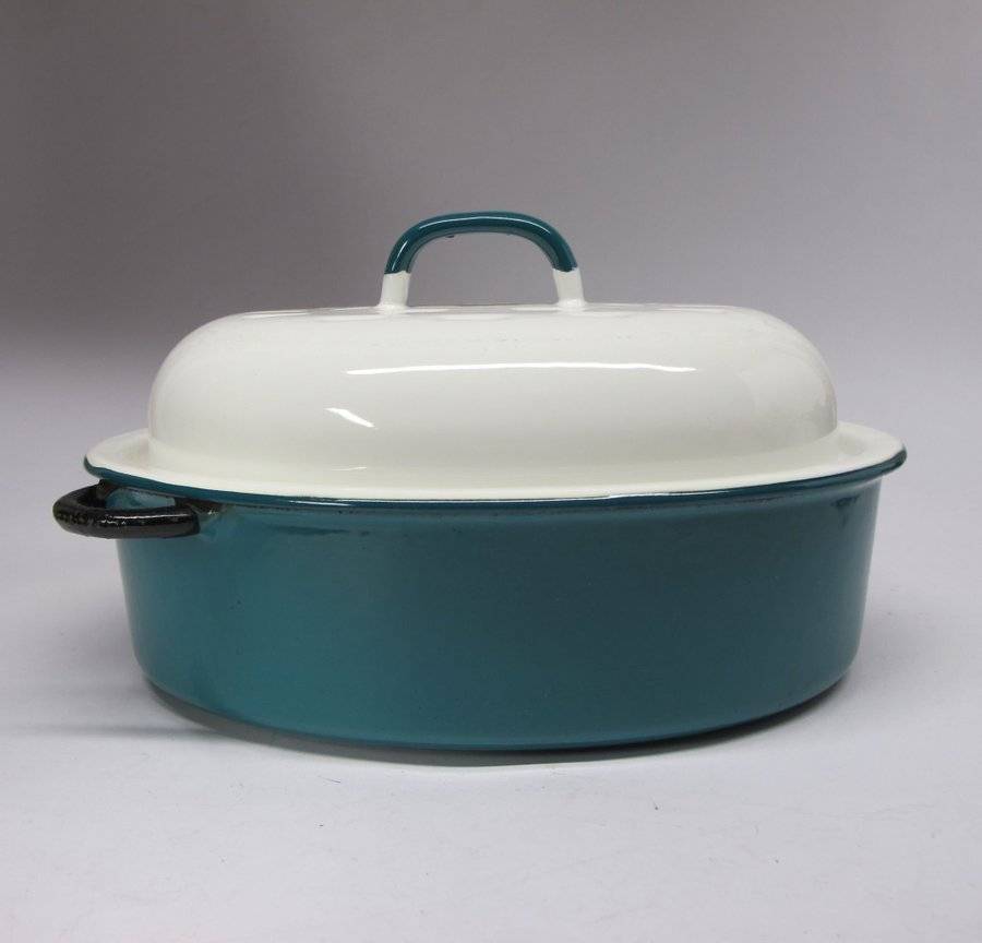 Oval KOCKUMS emaljerad gryta med lock 2 Liter gjutjärnsgryta grön & vit Retro