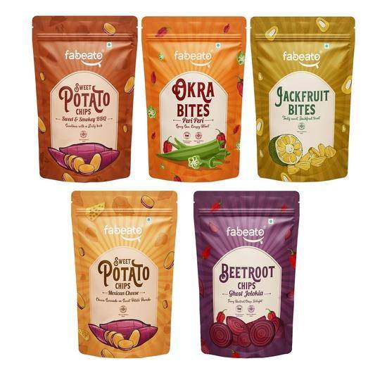 Fabeato Grönsakschips Combo|Peri Peri Smaker Okrachips|Rökig BBQ & Mexikansk Ost Sötpotatischips| |Vakuumfriterade|Förpackning med 5