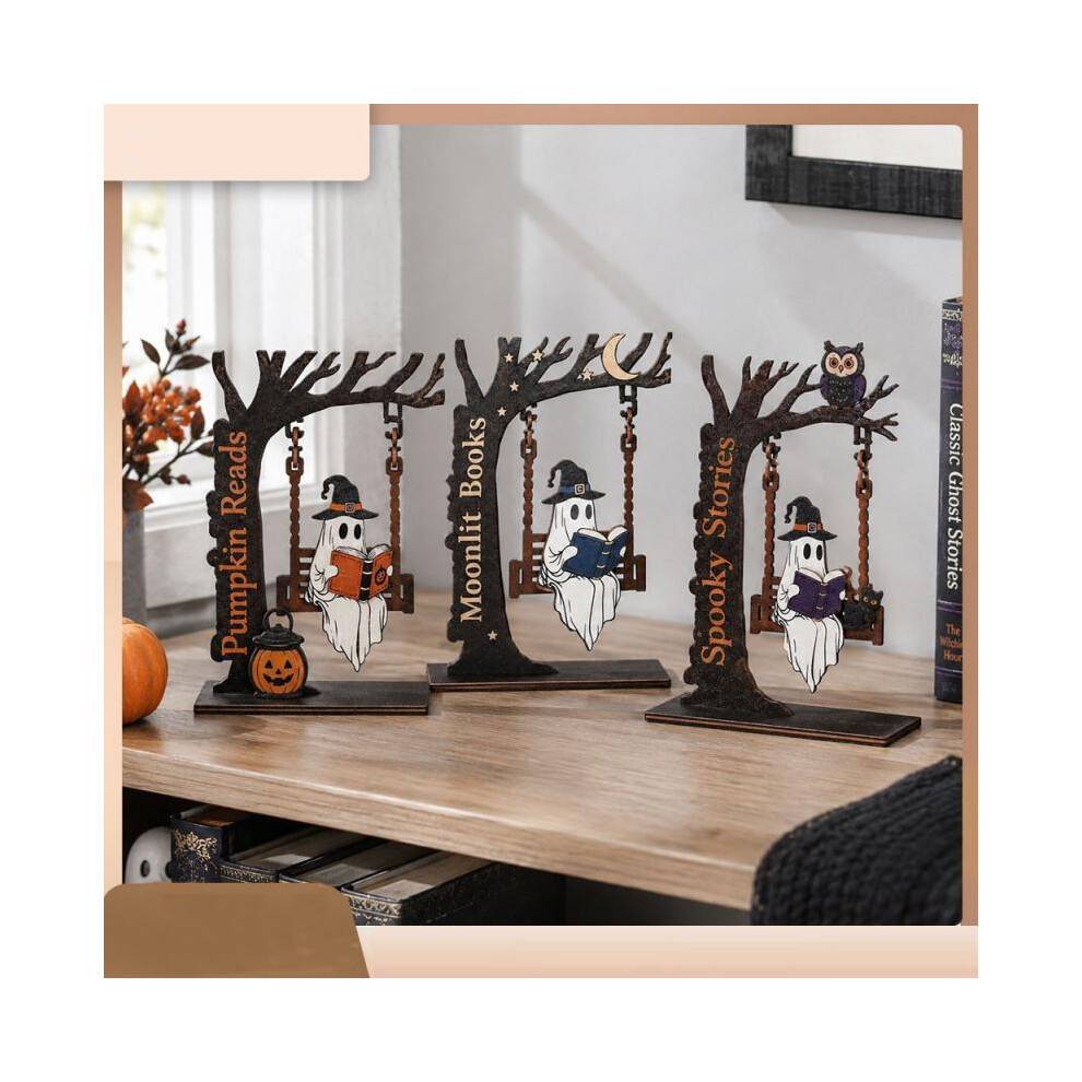 (B) Halloween Ghost Swing Ornament Wooden Reading Ghost Bookshelf Desk Corner Decor Spooky Ambiance Gift