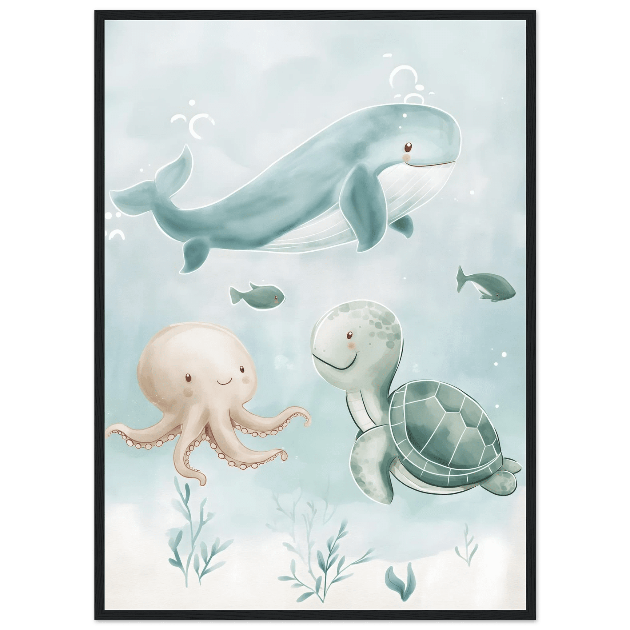 Söta havsdjur poster-50x70 cm / 20x28″ / Med ram / Svart