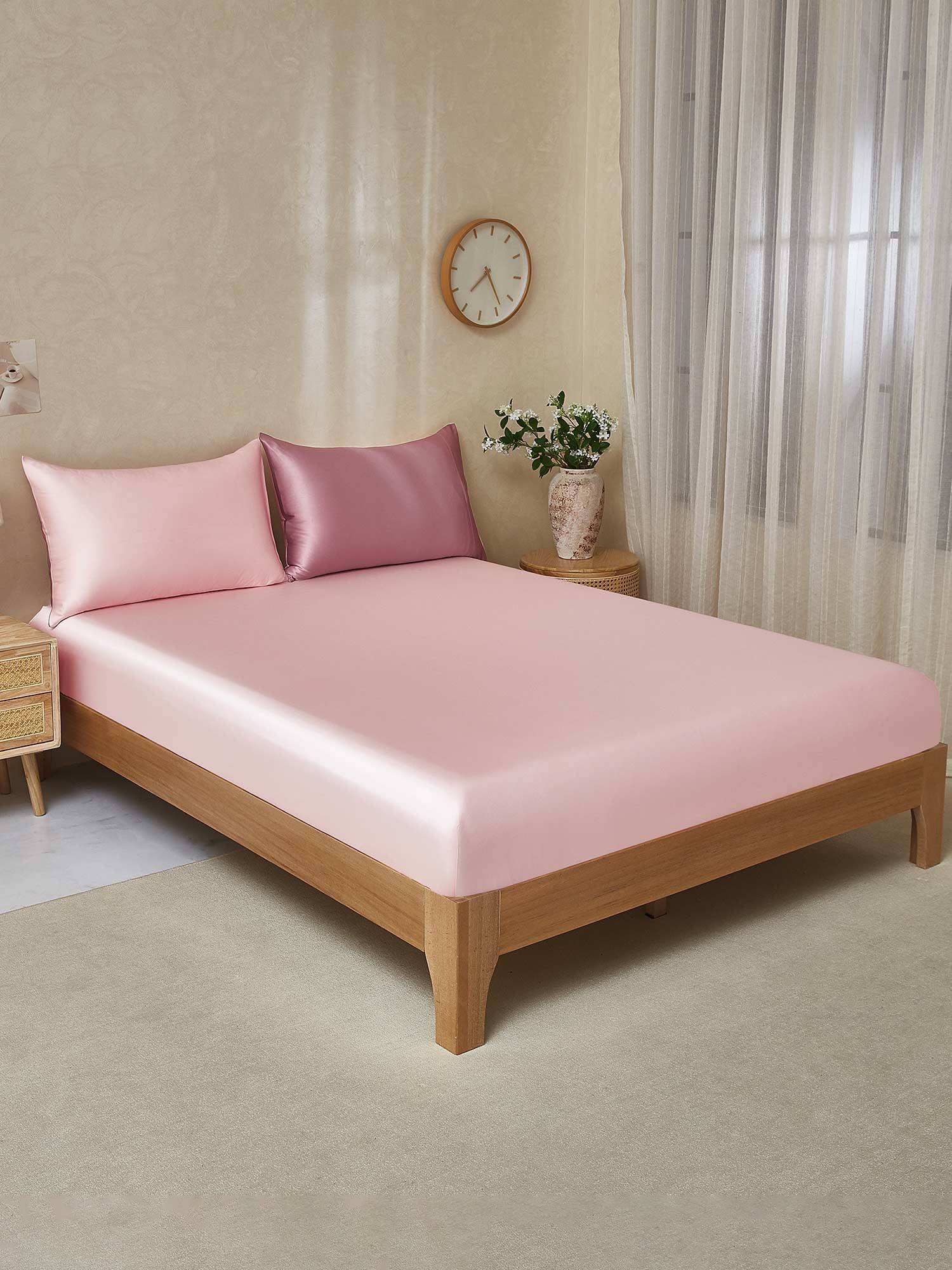 25Momme 3st Siden Sängkläder Set (Dra-På-Lakan + 2x Örngott) - BlekMauve+Ljusrosa / 180x200x45cm+2x50x60cm
