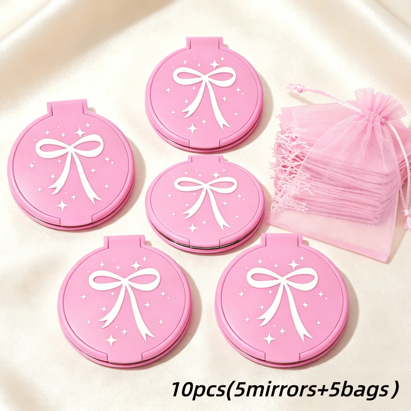 10pcs Set, Includes 5 Mirrors And 5pcs Bags, Pink Bow Mini Pocket Mirror With Bags, Compact Round Folding Makeup Mirror, Korean Style Vanity Accessory, Ideal As Party Favors Or Bridal Shower Gifts