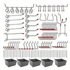 114pcs Pegboard Organizer Hook & Storage Bin Set, Fit 1 Inch Hole Spacing, Includes 1 Pegboard Rail, 1 Pegboard Rail Hook, 4 Double Hooks, 9 Single Hooks, 2 #5 Hooks, 5 Storage Bins, 53 Small Hooks, 47 Connectors, For Storing Small-Medium Tools In Garage, Shed, Workshop