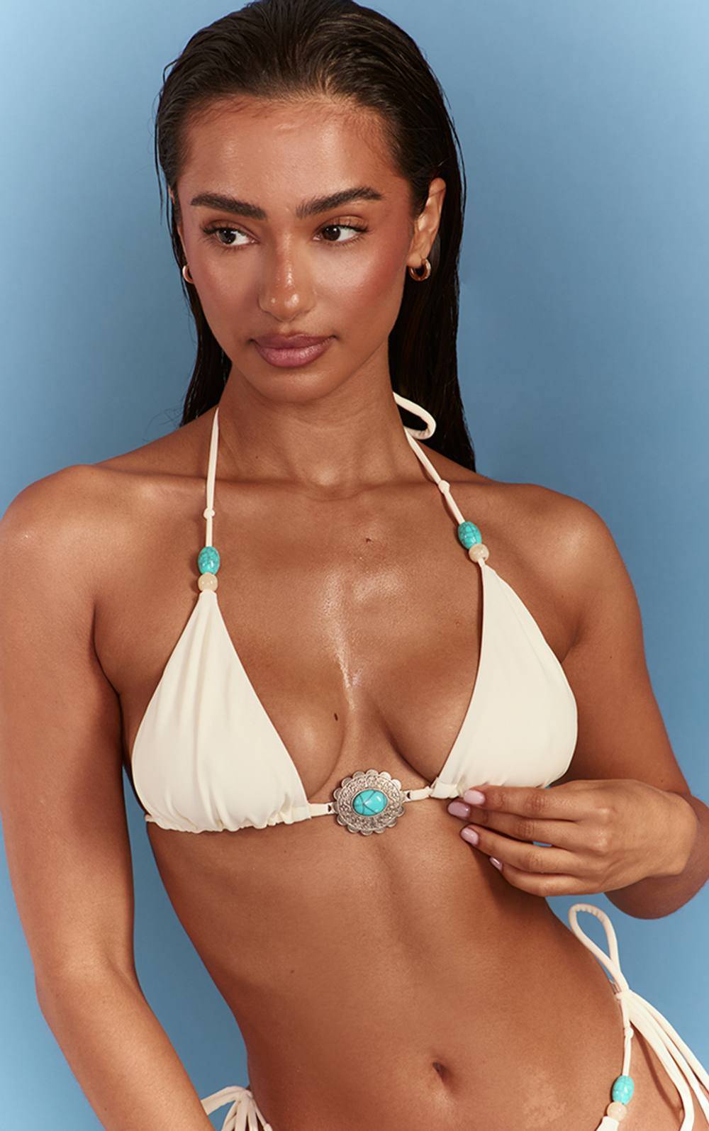Cream And Teal Bead Trim Triangle Bikini Top