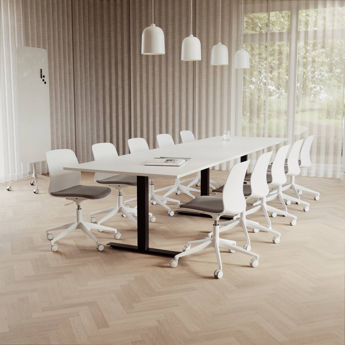 Konferencesæt Modul + Ergo 006C, Størrelse 10 pladser (360 cm), Bordplade Hvid, Understel Sort, Stol Hvid / Lysegrå.