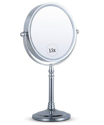 MIRRORVANA 15 x förstoringsspegel med stativ – dubbelsidig 15 x och 1 x sminkspegel för sminkskrivbord, toalettbord, badrumsbänk – 15 cm bred och 30 cm lång (krom)