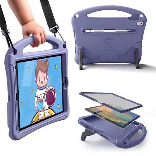 Bam Bino Rymddräkt iPad 9:e generationen fodral barn, iPad 8:e/7:e (2021/2020/2019) 10,2-tums iPad-fodral, lätt stötsäkert med skärmskydd, axelrem, handtag, stativ (Nebula Violett)