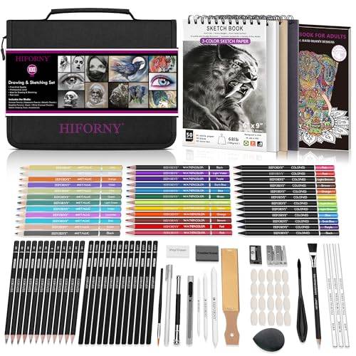 HIFORNY 100 st ritnings- och skissset, professionella konsttillbehör med grafit, kol, färgad, akvarell, metallpennor, blandningsverktyg, skissbok och målarbok i blixtlåsfodral (svart)