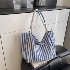 Retro Chic Striped Canvas Tote Bag Korean Fashion Casual Spacious Shoulder Bag For Women Suitable For Travel And Vacation - Blue