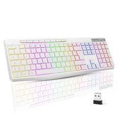 TECURS Tastatur Kabellos Gaming – Leise Tastatur QWERTZ Beleuchtete Ergonomische wasserdichte 2,4 GHz LED-Tastatur für Windows/Mac/PS4/Xbox mit Multimedia-Tasten Weiß