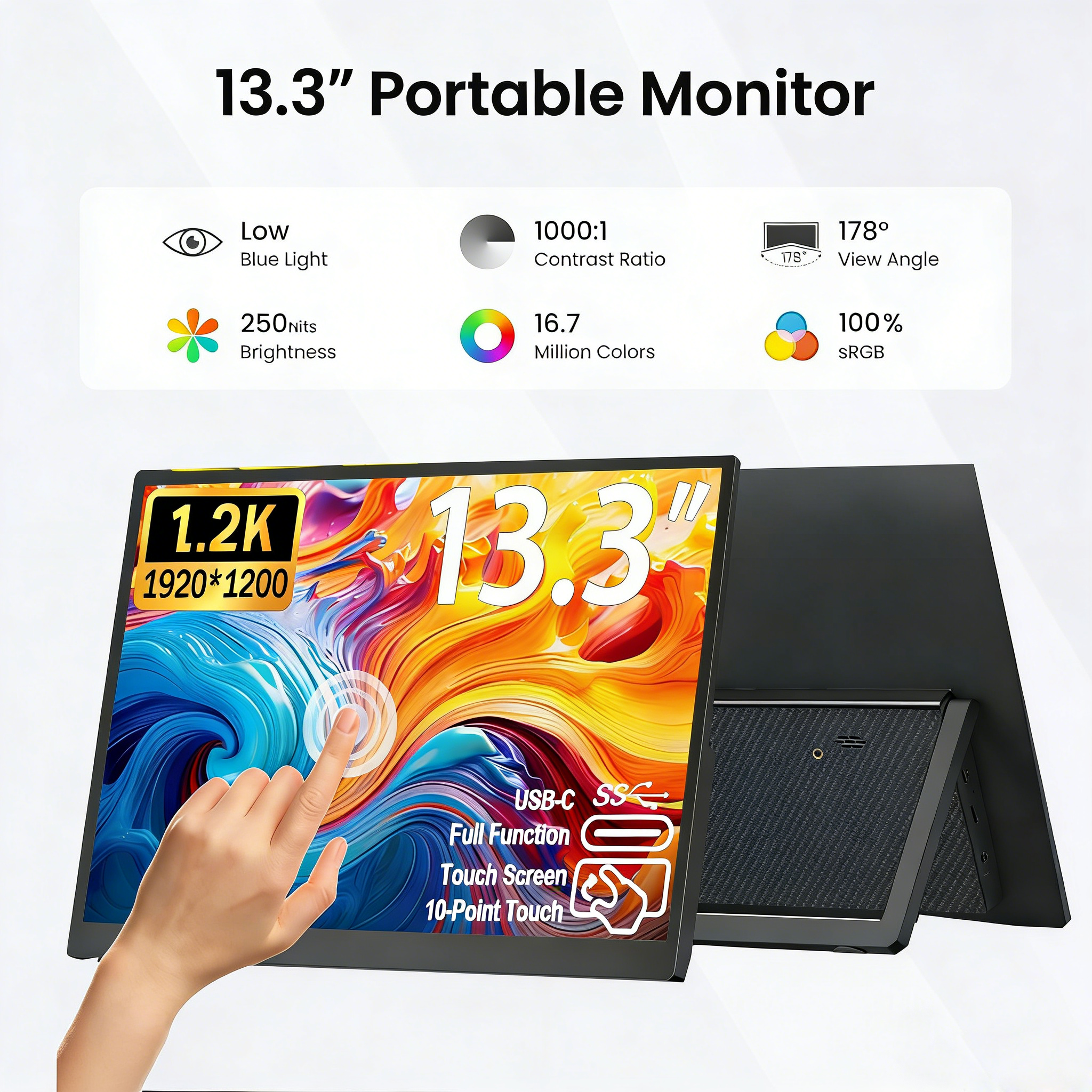 13.3'' Portable Touch Screen Monitor Display 1920*1200 16:10 IPS Panel 100% SRGB Extend Monitor For Mobile Phone Gaming TV Box