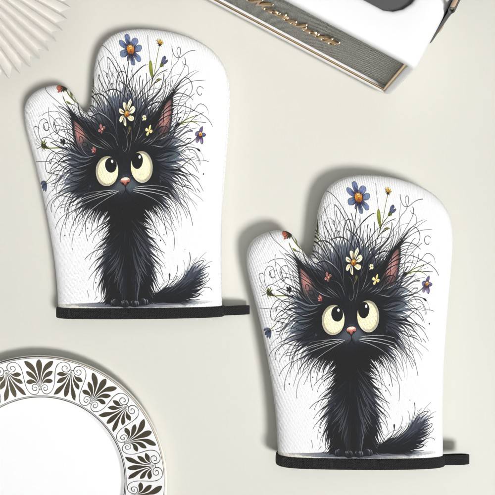 2pcs 10.6*6.7in Valentine Cat Patterns Oven Mitts For Kitchen Holiday Decoration Cooking Grilling Baking Camping Daily Gatherings Party Carnival Heat Resistant Non Slip Kitchen Essential Ne