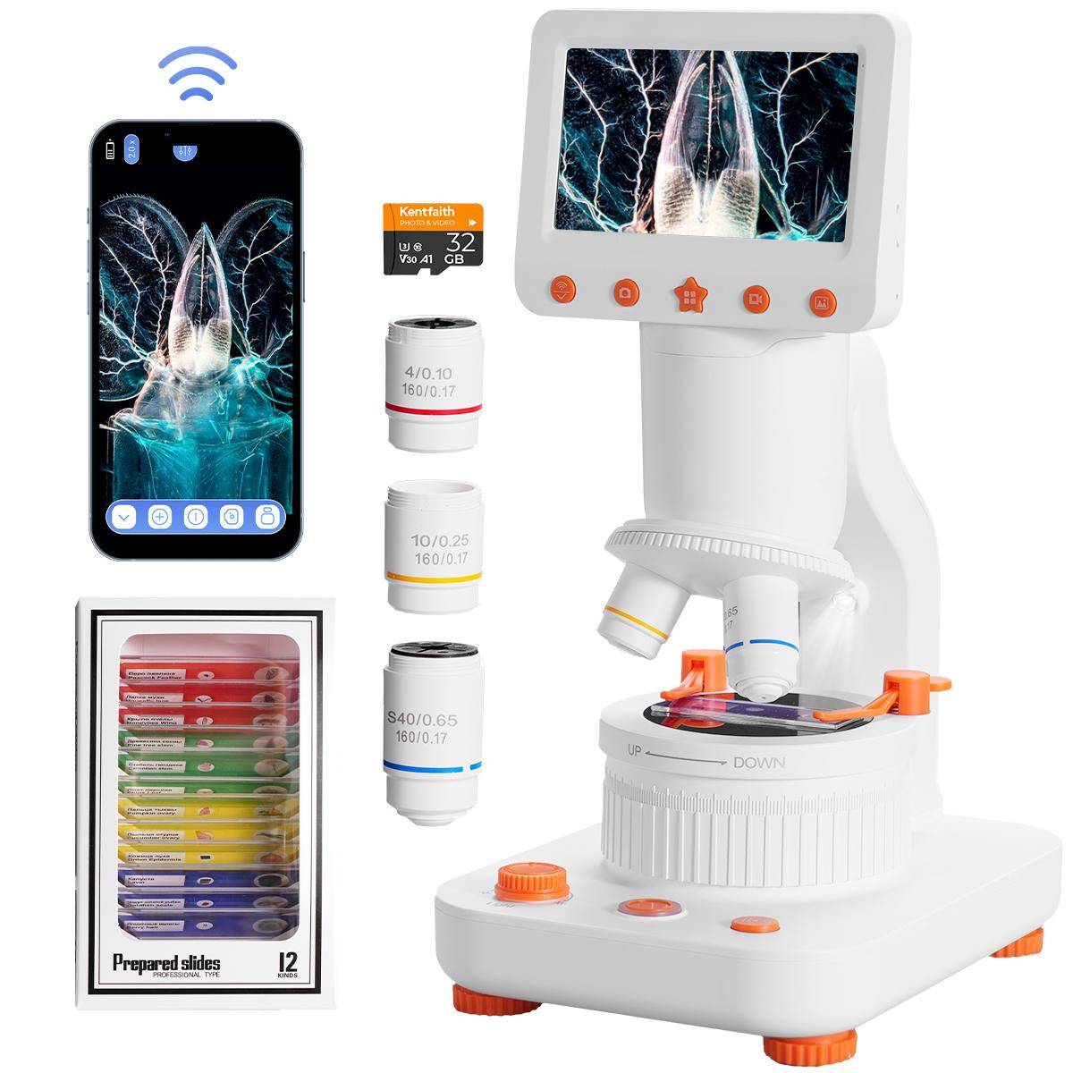KENTFAITH Compound Microscope for Kids with 4.3in Screen, 80X to 800X, WiFi Connection, Dual Light Sources, 1080P Videos, 32GB Card Included, Kentfaith